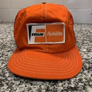 Vintage Fram Autolite Hat Cap Snap Back Orange Mesh Trucker Advertising Mens 80s